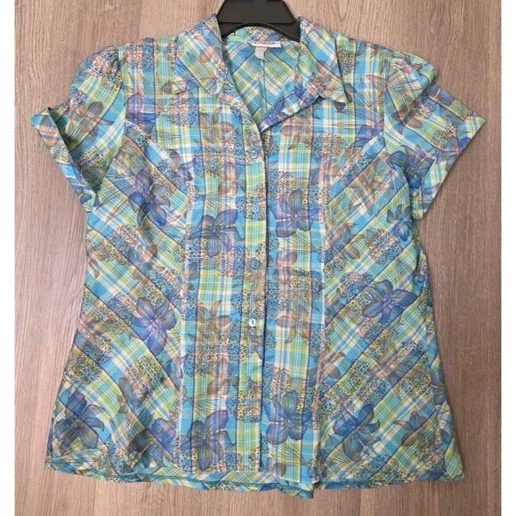 Hollywood Women’s Sheer Button Up Blouse Blue Green Floral Plaid Short Sleeve – - Picture 9 of 12